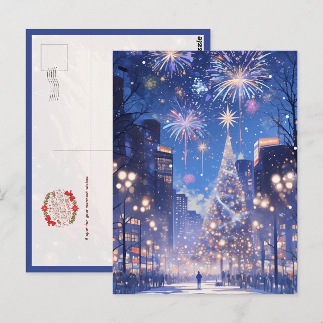 Cartão Postal Magical Christmas City Fireworks Night (Frente/Verso)