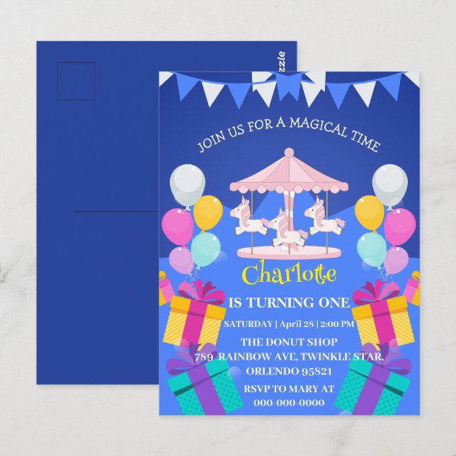 Cartão Postal Magico Unicórnio padrão de carrossel de arco-íris  (Frente/Verso)