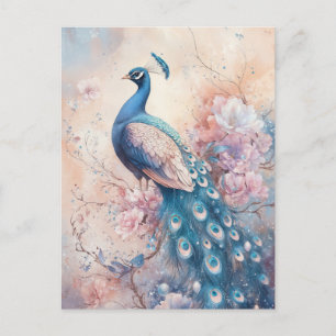 Cartão Postal Magnífico Pavão Azul em Jardim Floral Rosa