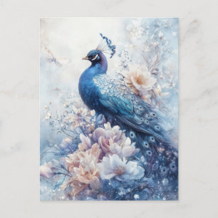 Cartão Postal Magnífico Pavão Azul no Jardim Floral Branco