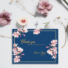 Cartão Postal Magnolia Navy Blue Floral Wedding Thank You