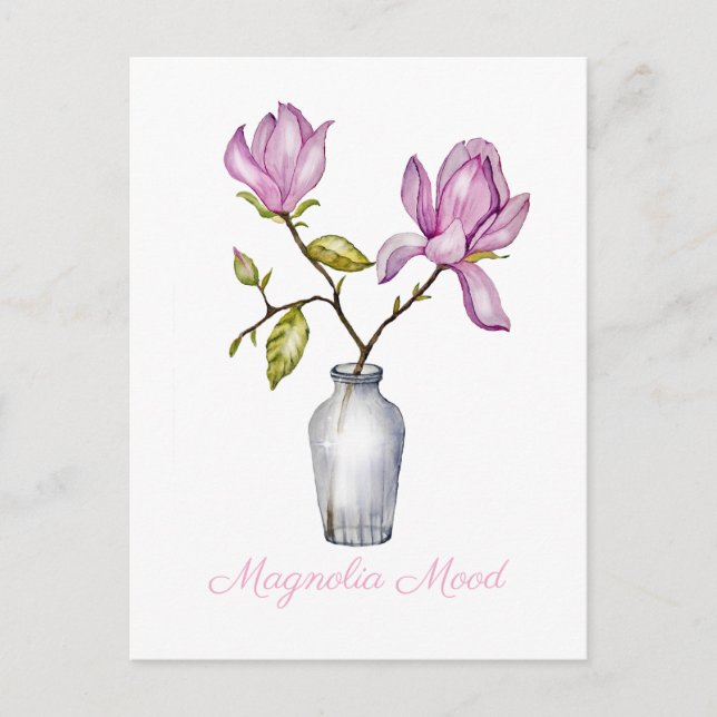 Cartão Postal Magnolia Rosa Botânica Aquarela (Frente)