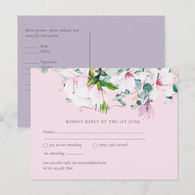 Cartão Postal Magnólias Rosa Eucalipto Lavanda Casamento rsvp Po (Frente/Verso)