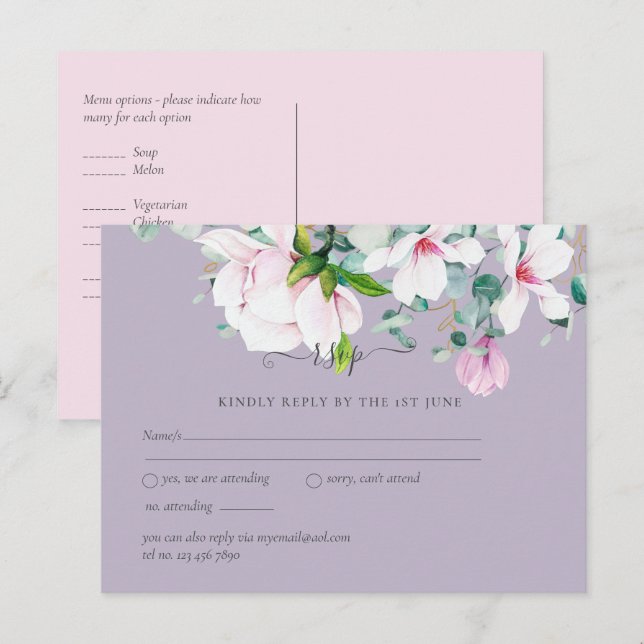 Cartão Postal Magnólias Rosa Lavanda Eucalipto Casamento rsvp (Frente/Verso)
