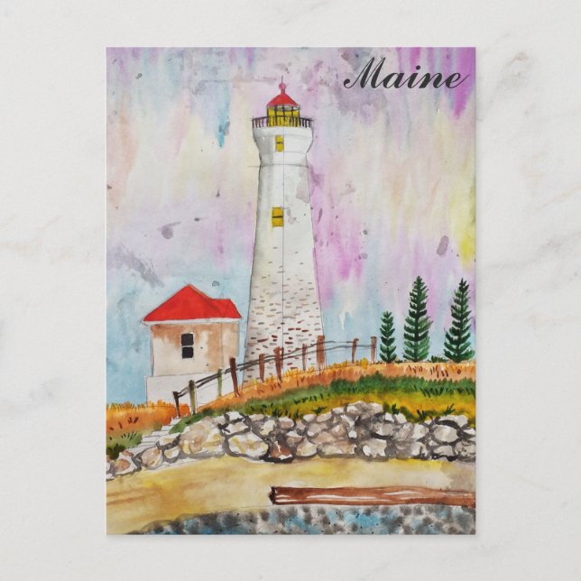 Cartão Postal Maine Coast Lighthouse Watercolor Viagem (Frente)