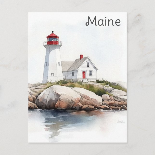 Cartão Postal Maine Coast Lighthouse Watercolor Viagem (Frente)