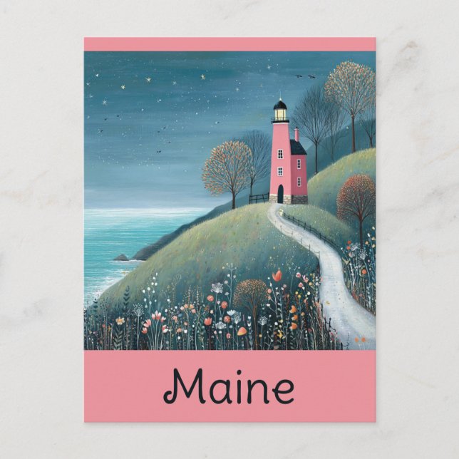 Cartão Postal Maine Coast Lighthouse Watercolor Viagem (Frente)