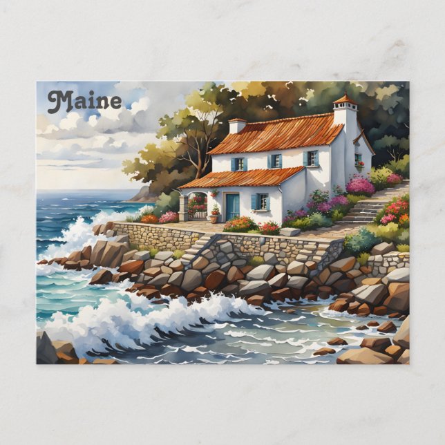 Cartão Postal Maine Coast Watercolor Viagem (Frente)
