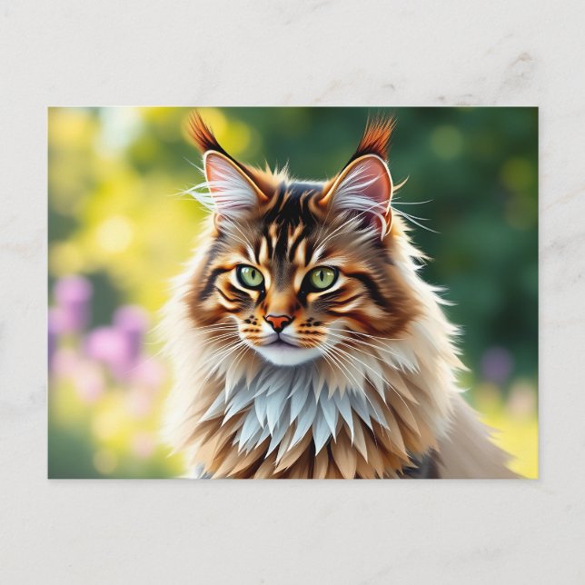Cartão Postal Maine Coon Cat Fluffy na Natureza (Frente)