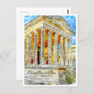 Cartão Postal Maison Carree Nimes França Viagem Place Watercolor