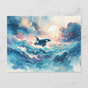 Cartão Postal Majestosa Onda de Aquarela ao Sol da Orca