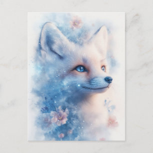 Cartão Postal Majestosa Raposa Branca em Flor Cósmica Azul