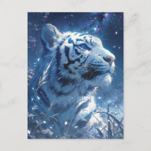 Cartão Postal Majestoso Tigre Branco Sob o Céu Noturno Estrelado