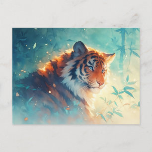 Cartão Postal Majestoso Tigre de Olhos Azuis em Raios de Sol