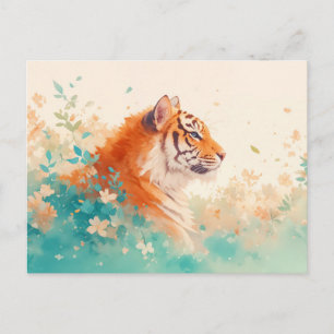 Cartão Postal Majestoso Tigre Laranja em Jardim Teal Suave