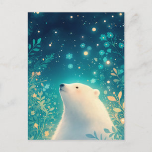 Cartão Postal Majestoso Urso Polar Branco em Jardim Estrelado