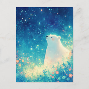 Cartão Postal Majestoso Urso Polar em Prado Noturno Estrelado