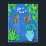 Cartão Postal Majorelle Gardens Blue La Jardin GOOD LUCK<br><div class="desc">Bonito paredes azuis e plantas coloridas brilhantes,  desenhadas por mim para você! Dê uma olhada no meu compro por mais!</div>
