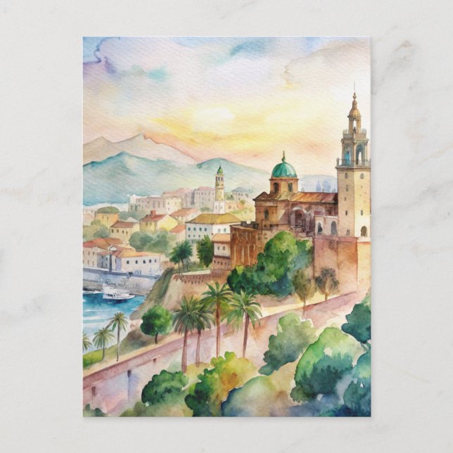 Cartão Postal Málaga Espanha Cityscape Watercolor Painting (Frente)