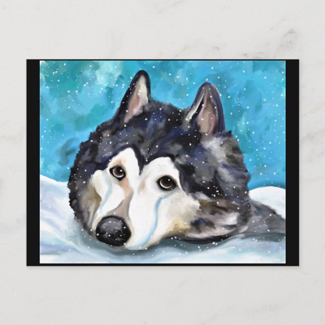 CARTÃO POSTAL MALAMUTE BRINCANDO NA NEVE  (Frente)