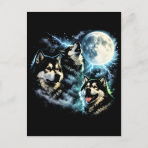 Cartão Postal Malamute do Alasca Uivando para a Lua Cachorro Árt