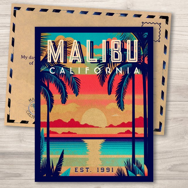 Cartão Postal Malibu California Retro Sunset Souvenirs anos 70 (Criador carregado)