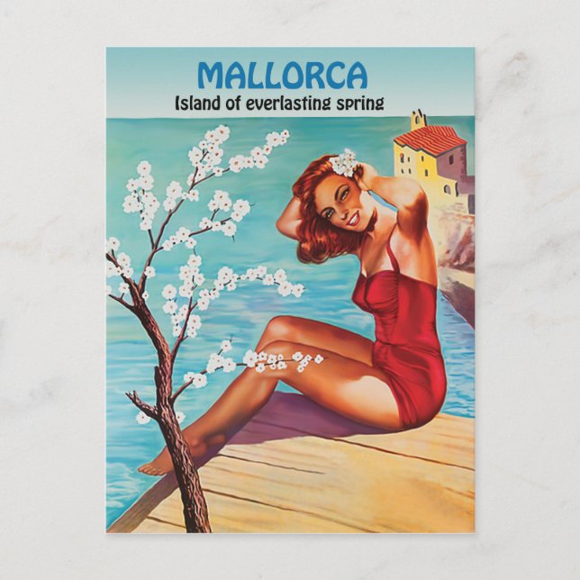 Cartão Postal Mallorca, primavera eterna, garota na costa (Frente)