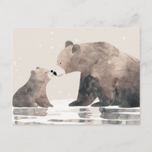 Cartão Postal Mamãe Urso e Filhote em Aquarela Dia das Mães Fofo