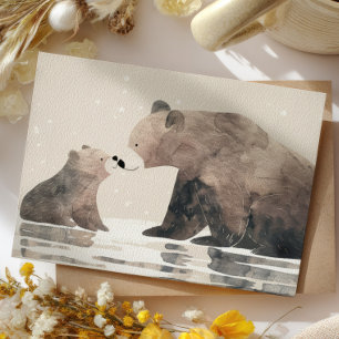 Cartão Postal Mamãe Urso e Filhote em Aquarela Dia das Mães Fofo
