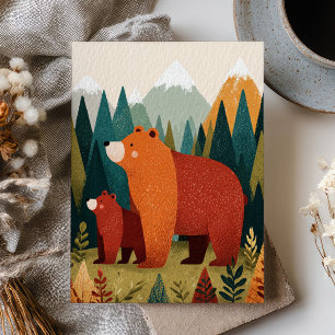 Cartão Postal Mamãe Urso & Filhote Desenho Animado Paisagem Flor