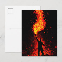 Cartão Postal Man Holding Massive Fire Torch Dramatic Silhouette