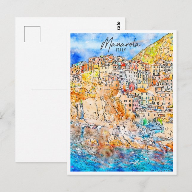 Cartão Postal Manarola Itália Viagem Place Watercolor (Frente/Verso)