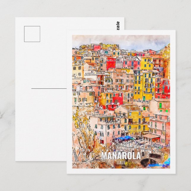 Cartão Postal Manarola Itália Viagem Place Watercolor (Frente/Verso)