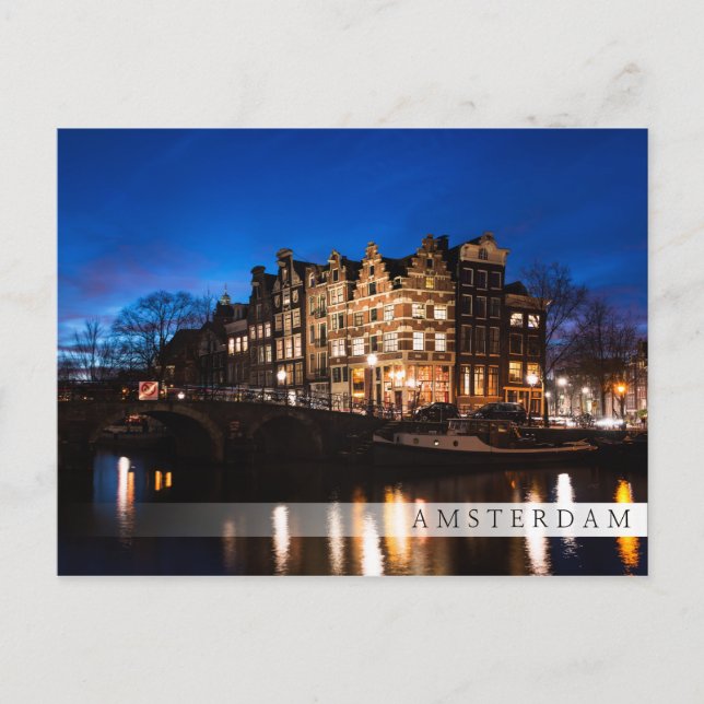 Cartão Postal Manchas de canal de Amsterdã à noite (Frente)