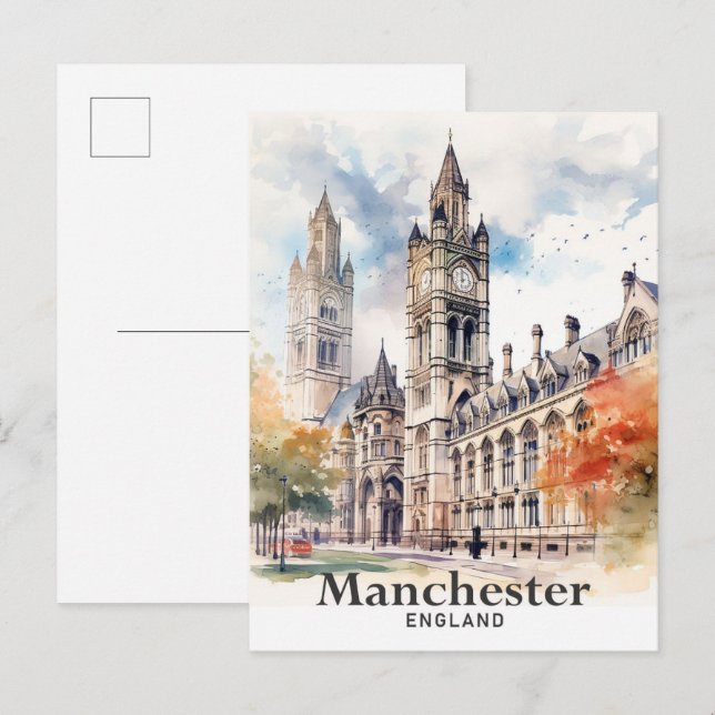 Cartão Postal Manchester England Watercolor Painting Viagem (Frente/Verso)