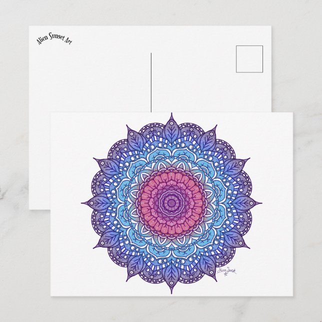 Cartão Postal Mandala de Folha de Flor Roxa (Frente/Verso)
