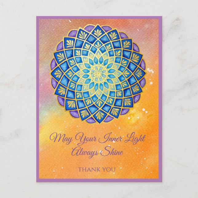 Cartão Postal Mandala Dourada Blue Purple Floral Script (Frente)