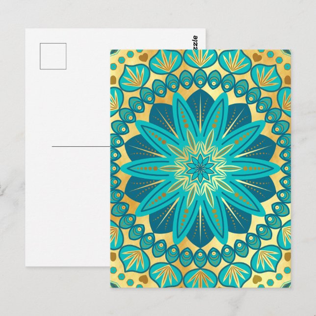 Cartão Postal Mandala Flor de Ouro Azul (Frente/Verso)