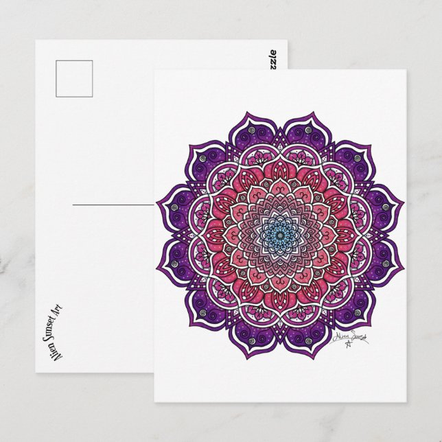 Cartão Postal Mandala Floral Rosa-Roxo (Frente/Verso)