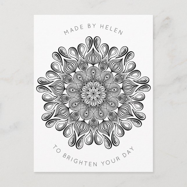 Cartão Postal Mandalá Preto e Branco Trippy Psicodélico Hippie (Frente)