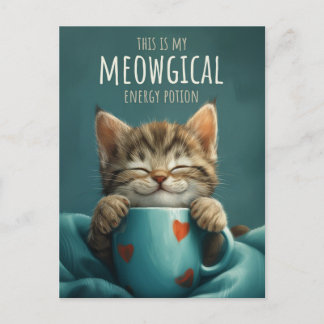 Cartão Postal Manhã Meowgical, um gato bonito e uma arte de café