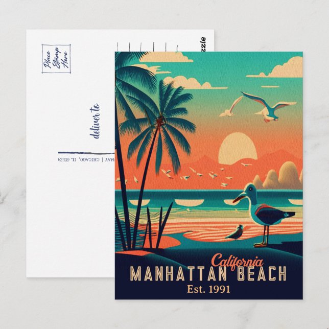 Cartão Postal Manhattan Beach California Sunset Souvenirs 1950 (Frente/Verso)