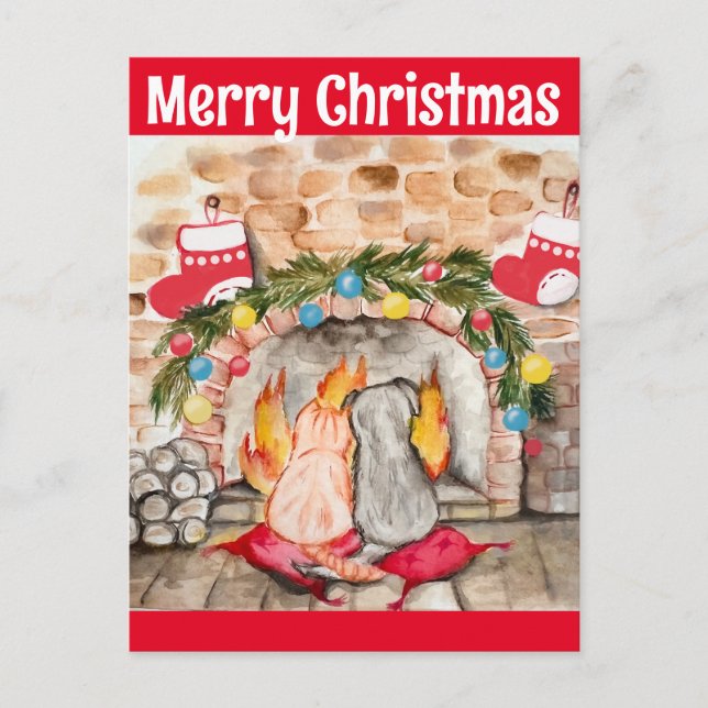 Cartão Postal Manta de Natal com cão e gato (Frente)