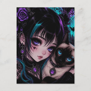 Cartão Postal Mantendo Contato   Garota Anime & Gato