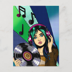 Cartão Postal Mantendo contato Garota Pop Art com Disco