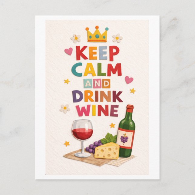 Cartão Postal "Mantenha a Calma e Beba Vinho" (Frente)