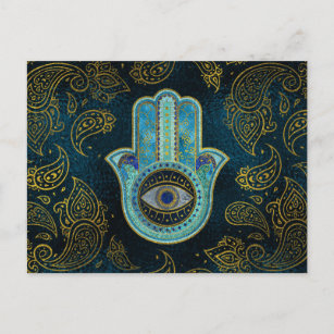 Cartão Postal Mão Decorativa de Hamsa com fundo paisley