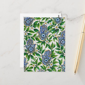 Cartão Postal Mão Hamsa Azul da Fátima Padrão Floral