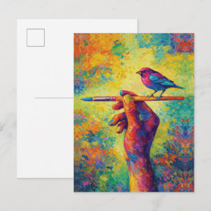 Cartão Postal Mão segurando pincel com criatividade de pássaro