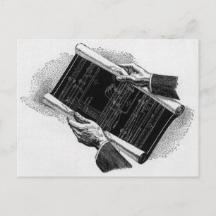 Cartão Postal Mãos com plantas arquitetônicas azuis vintage, Neg